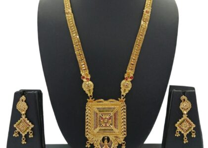 Ragini ethnic gold toned necklace with square locket and matching earrings