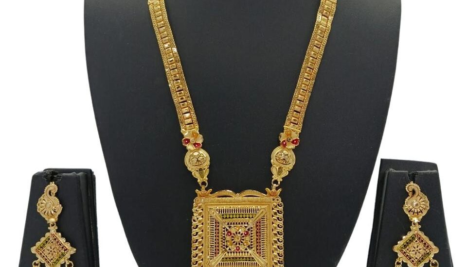Ragini ethnic gold toned necklace with square locket and matching earrings